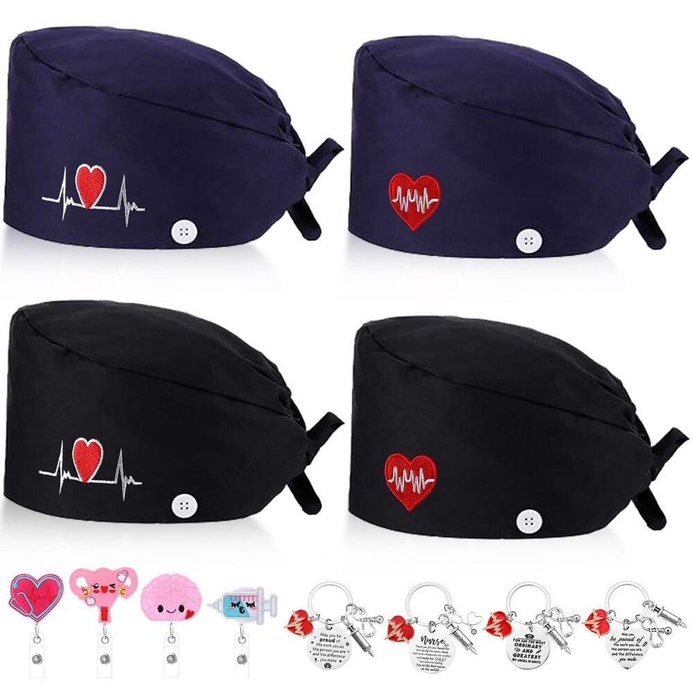 1747 4 Pcs Nurse Scrub Caps Nursing Working Caps with Button Sweatband